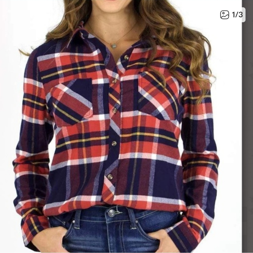 Grace & Lace Navy Rust Plaid Flannel Button Up Shirt size S